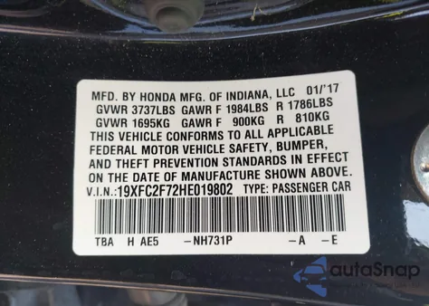 2017 Honda Civic Ex from USA, damaged, VIN 19XFC2F72HE019802